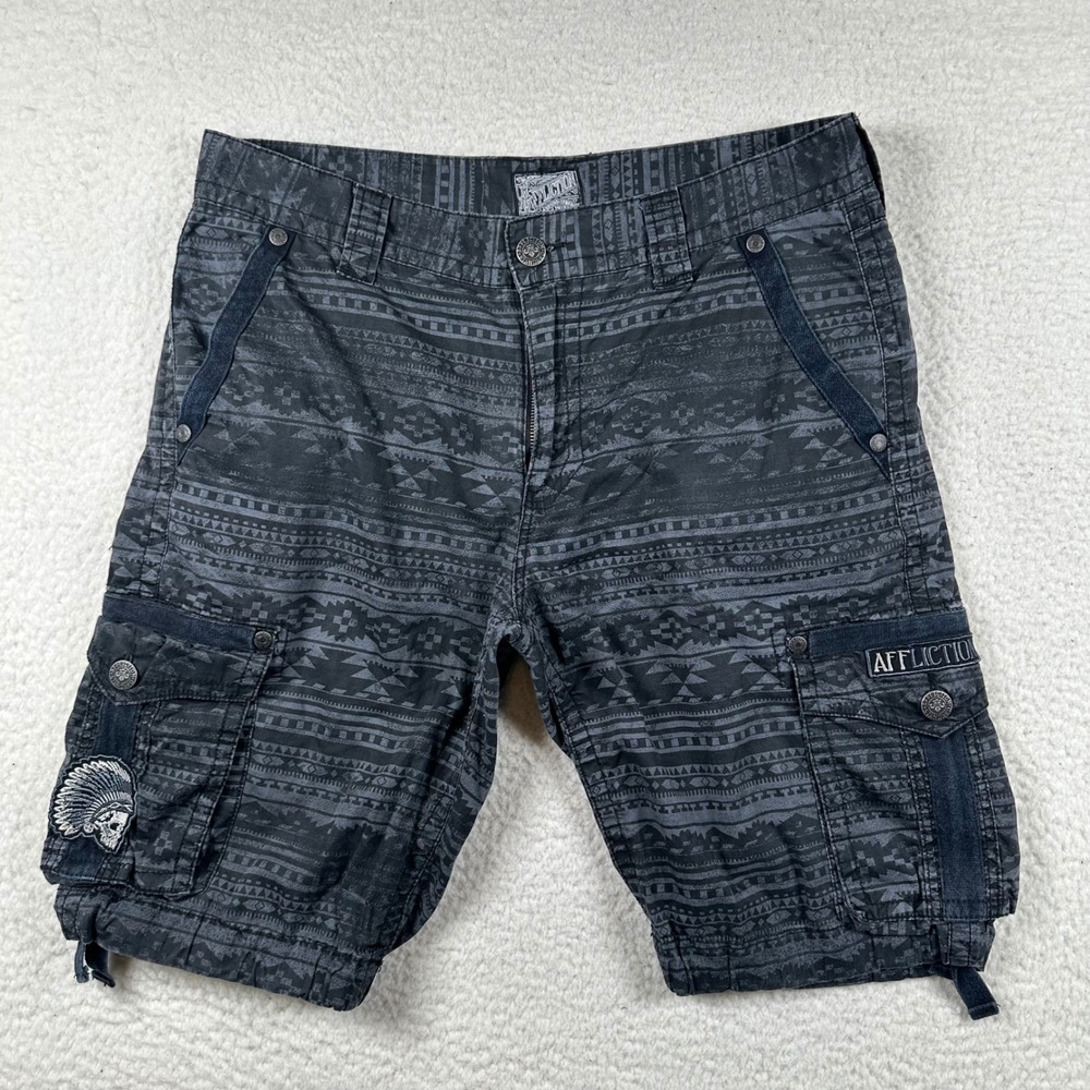 Vintage Affliction Cargo Shorts Men 36 Skull Tribal Aztec Native Y2K Gothic Rock